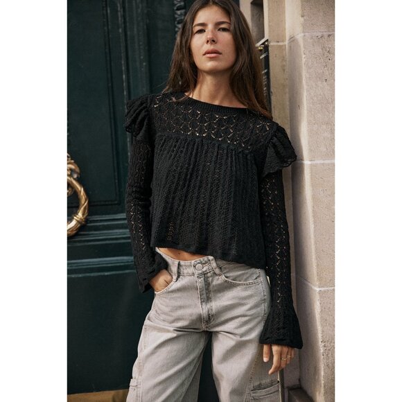 Zara Black Pointelle Ruffle Long Sleeve Semi Crop Top - Picture 1 of 10